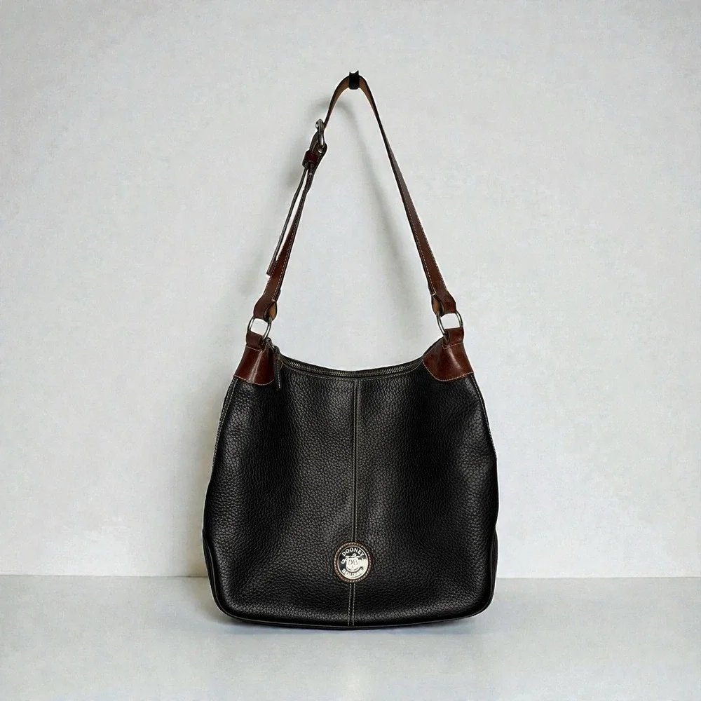 Vintage Dooney & Bourke Shoulder Bag Pebbled Leather Black Brown Hobo Large USA